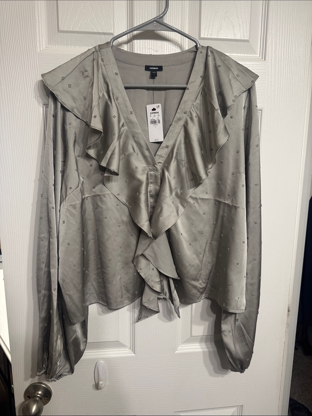 Express Silver Satin Ruffle V-Neck Blouse